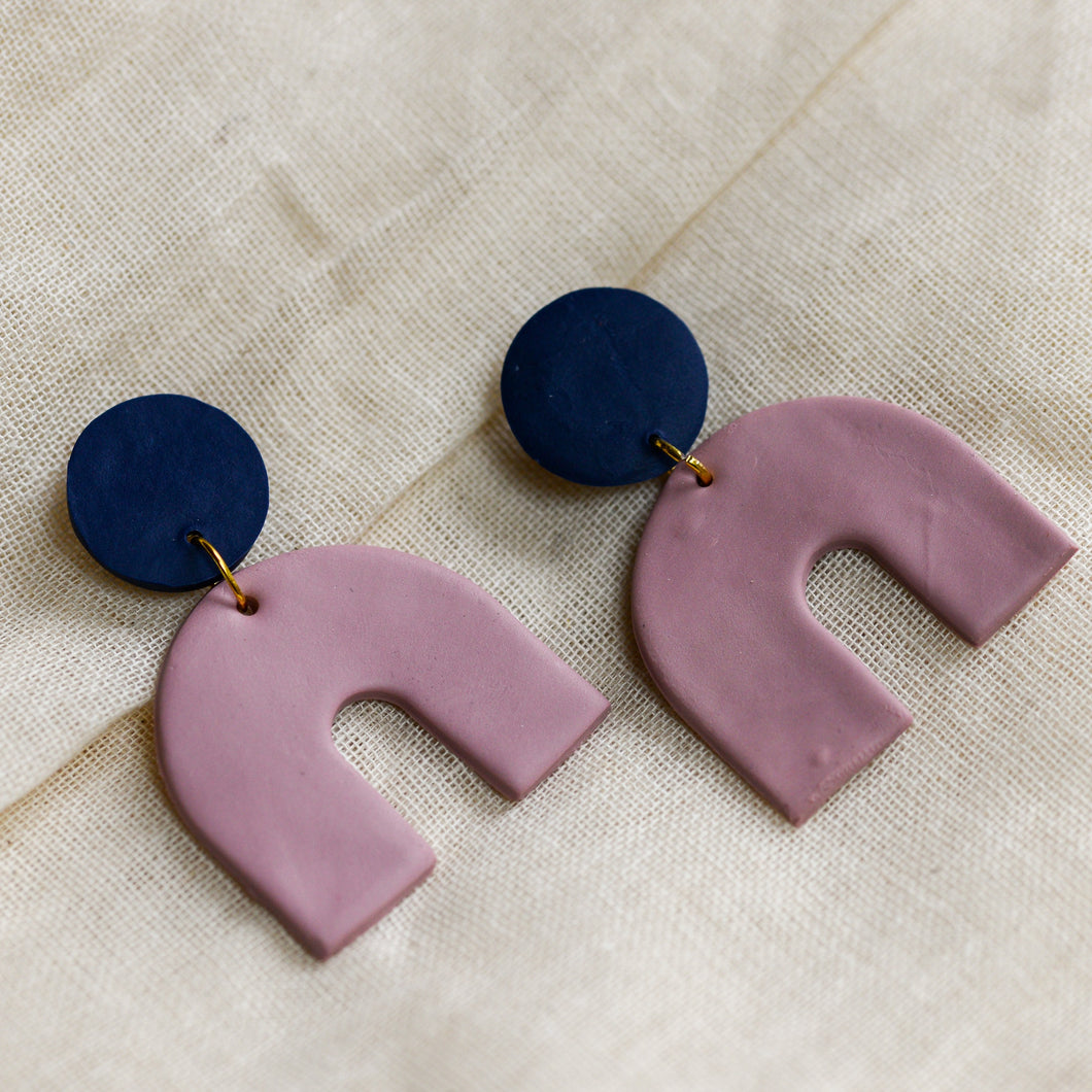 Blue Stud and Pink Arch Drop Clay Earrings