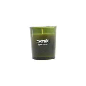 green herbal small candle white background meraki soy fragrance