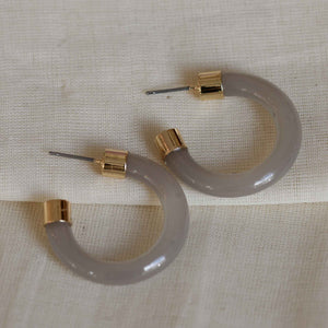 big Metal London Isabelle medium sized glossy eco resin off white grey half hoops with gold metal ends hypoallergenic
