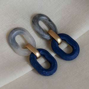 Big Metal London Petra matte eco friendly resin link earrings grey marble gold and navy hypoallergenic