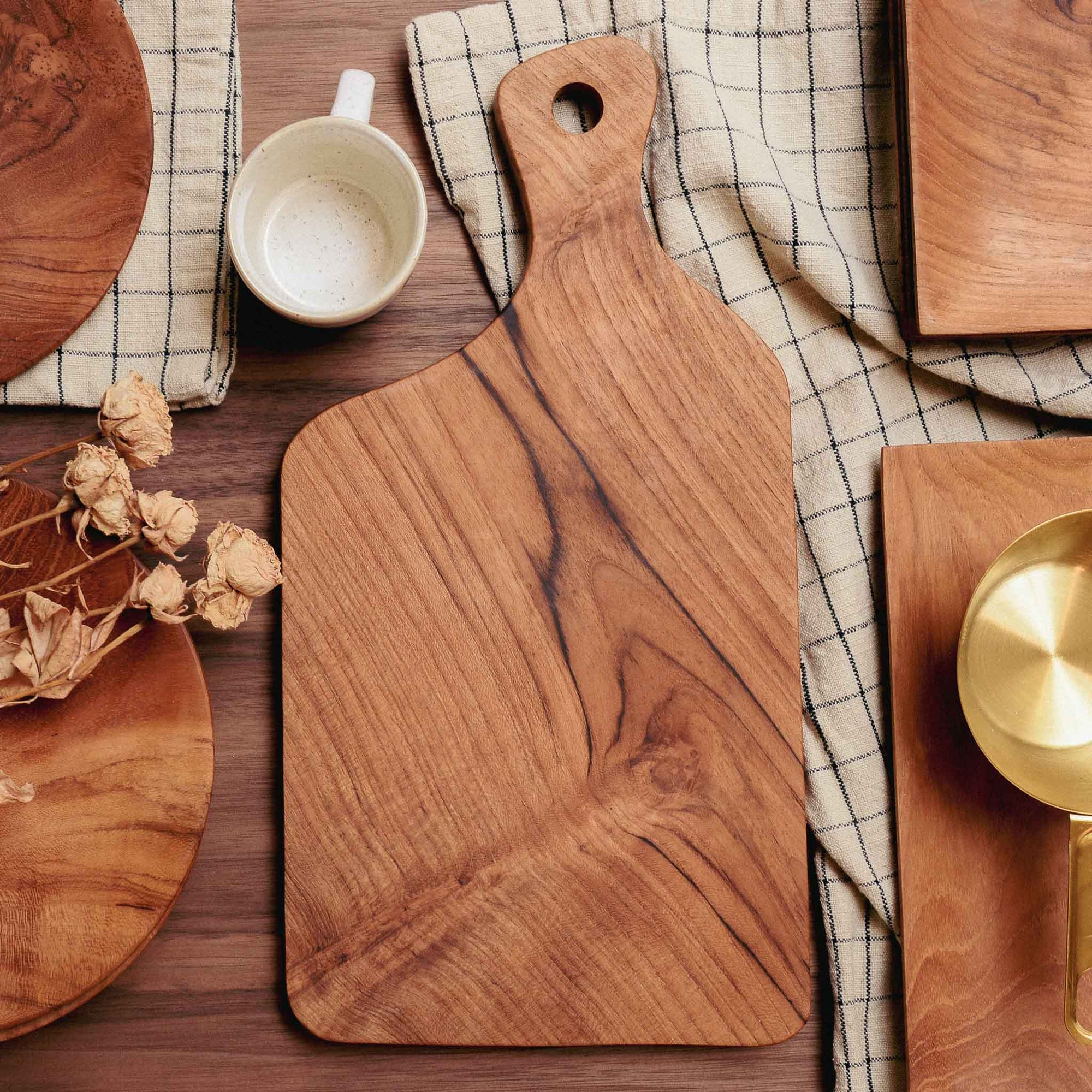 reclaimed teak wood chopping board handle shape at the top rectangular bottom with hole for hanging original home
