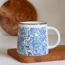 Load image into Gallery viewer, Molly-large-straight-edged-handle-mug-by-bloomingville-in-blue-daffodil-print-design