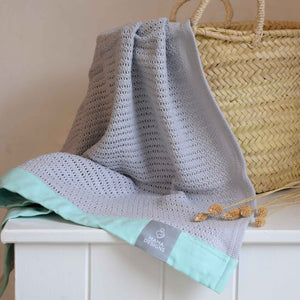 Organic Grey Cellular Baby Blanket (Various Trim Colours) Mama Designs Turquoise trim