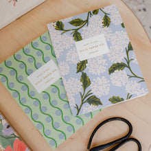 Load image into Gallery viewer, set of two mini notebooks rifle paper co hydrangea flower design  blue and green colour