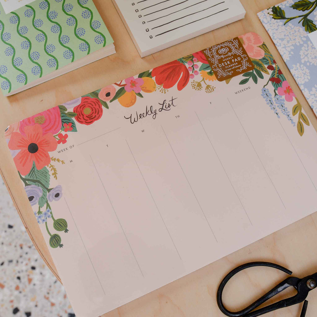 rifle paper co weekly list paper pad planner Monday to Friday nude colour with pink and red flower design