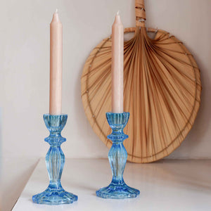 Blue coloured glass candlestick boho style