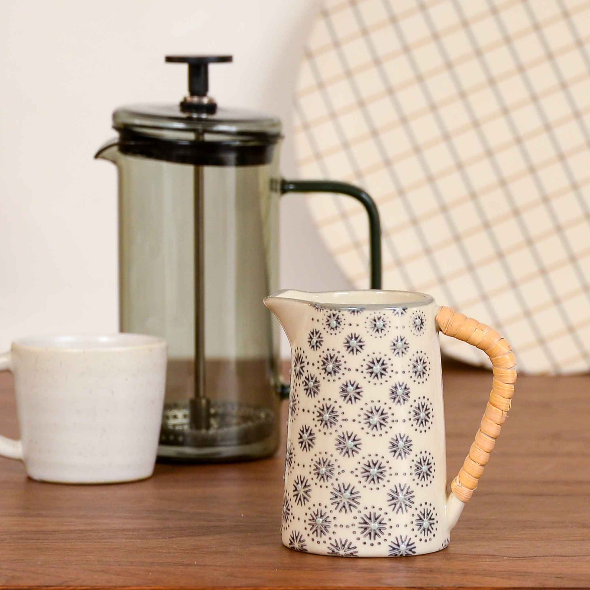 Bloomingville elsa star pattern milk jug small stoneware with wrapped bamboo handle
