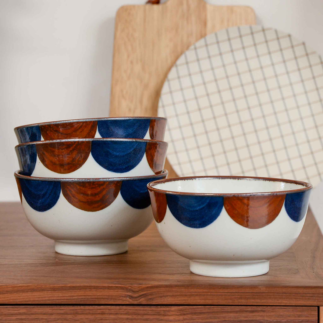 Bloomingville porcelain Carmelia bowl with blue and brown painted glaze semi circle edge detail