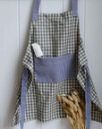 Redecker Children's Apron blue grey gingham with waist ties and a front pocket