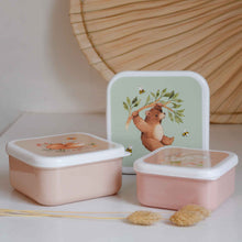 Load image into Gallery viewer, Lunchbox Set of three boxes with illustrated Bear and His Friends in peach pink and mint green petit monkey