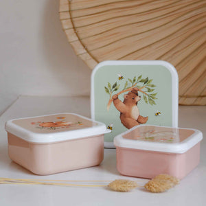 Lunchbox Set of three boxes with illustrated Bear and His Friends in peach pink and mint green petit monkey