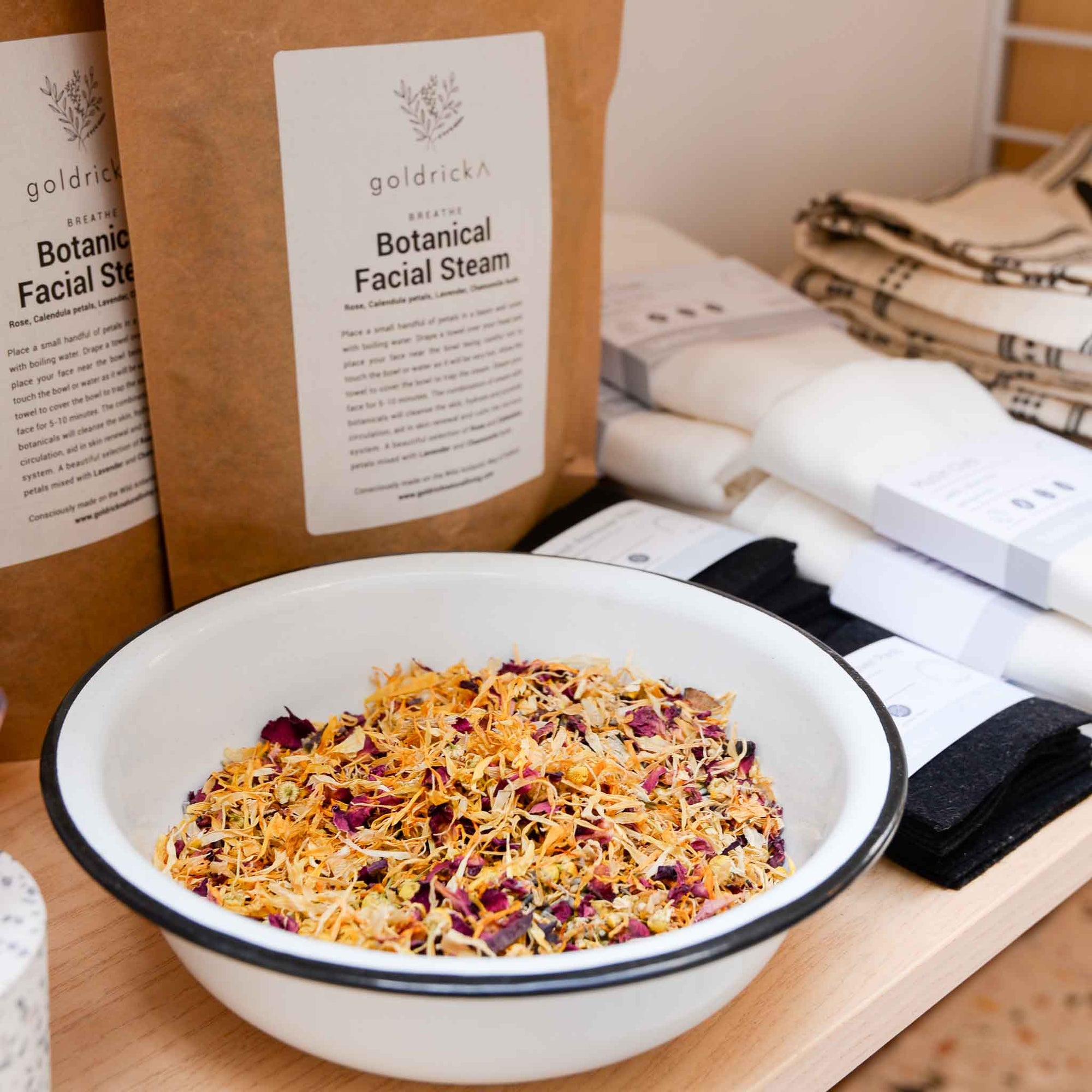 Bag of botanical facial steam with flower petals natural skincare by Goldrick