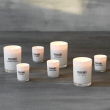 Load image into Gallery viewer, meraki white glass soy candle sandalwood and jasmine large candle grouped shot